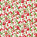 Red strawberries white fabric with green leaves white flowers for quilts, bags and patchwork sewing projects