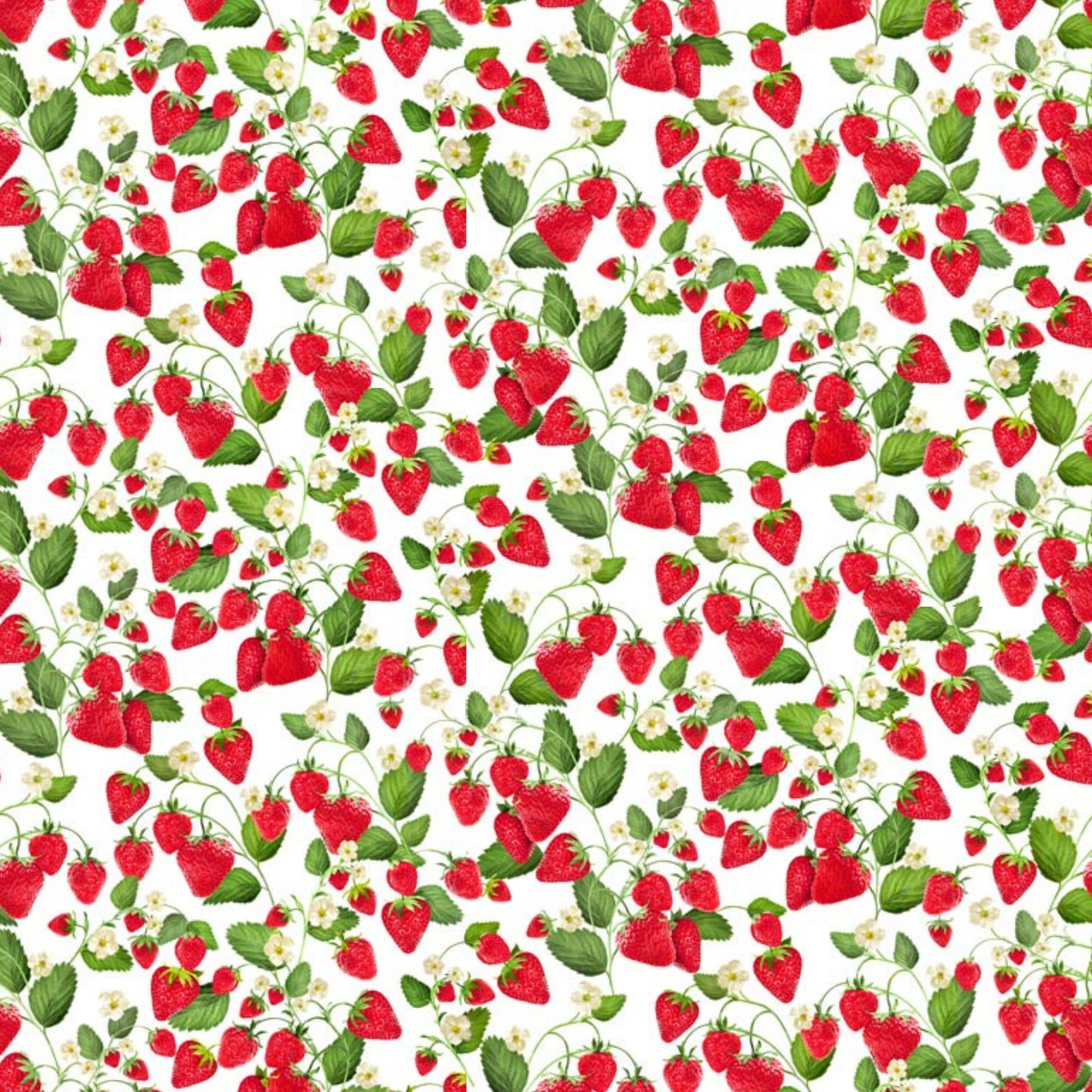 Red strawberries white fabric with green leaves white flowers for quilts, bags and patchwork sewing projects