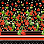 Single border black fabric with red strawberries, green leaves, red black stripes and polka dots for quilting patchwork sewing projects