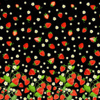 Single border black fabric with red strawberries, green leaves, red black stripes and polka dots for quilting patchwork sewing projects