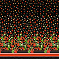 Single border black fabric with red strawberries, green leaves, red black stripes and polka dots for quilting patchwork sewing projects