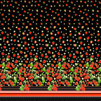 Single border black fabric with red strawberries, green leaves, red black stripes and polka dots for quilting patchwork sewing projects