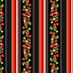 Strawberry stripe black fabric with red strawberries polka dots for quilt borders and patchwork sewing projects