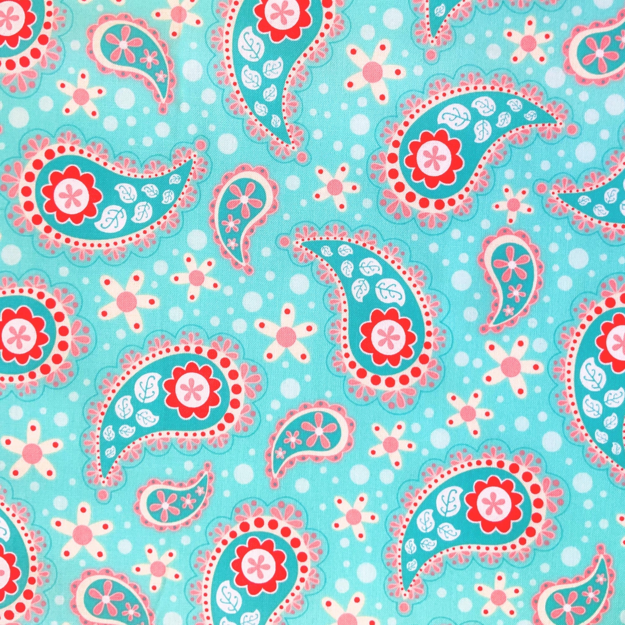 Retro paisley turquoise red white flowers fabric for quilts tote bags cushions patchwork sewing projects