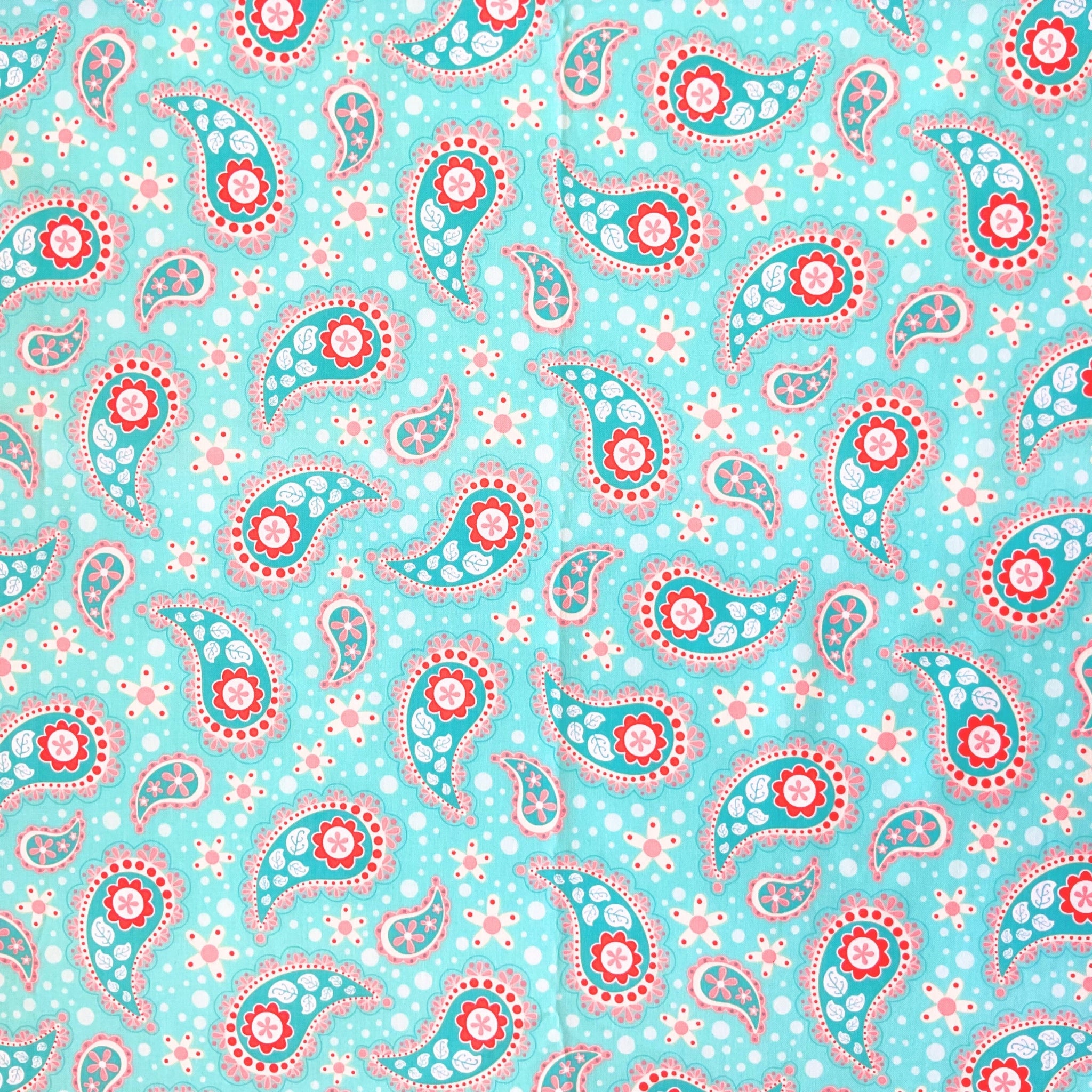 Retro paisley turquoise red white small flowers fabric for quilts tote bags cushions patchwork sewing projects
