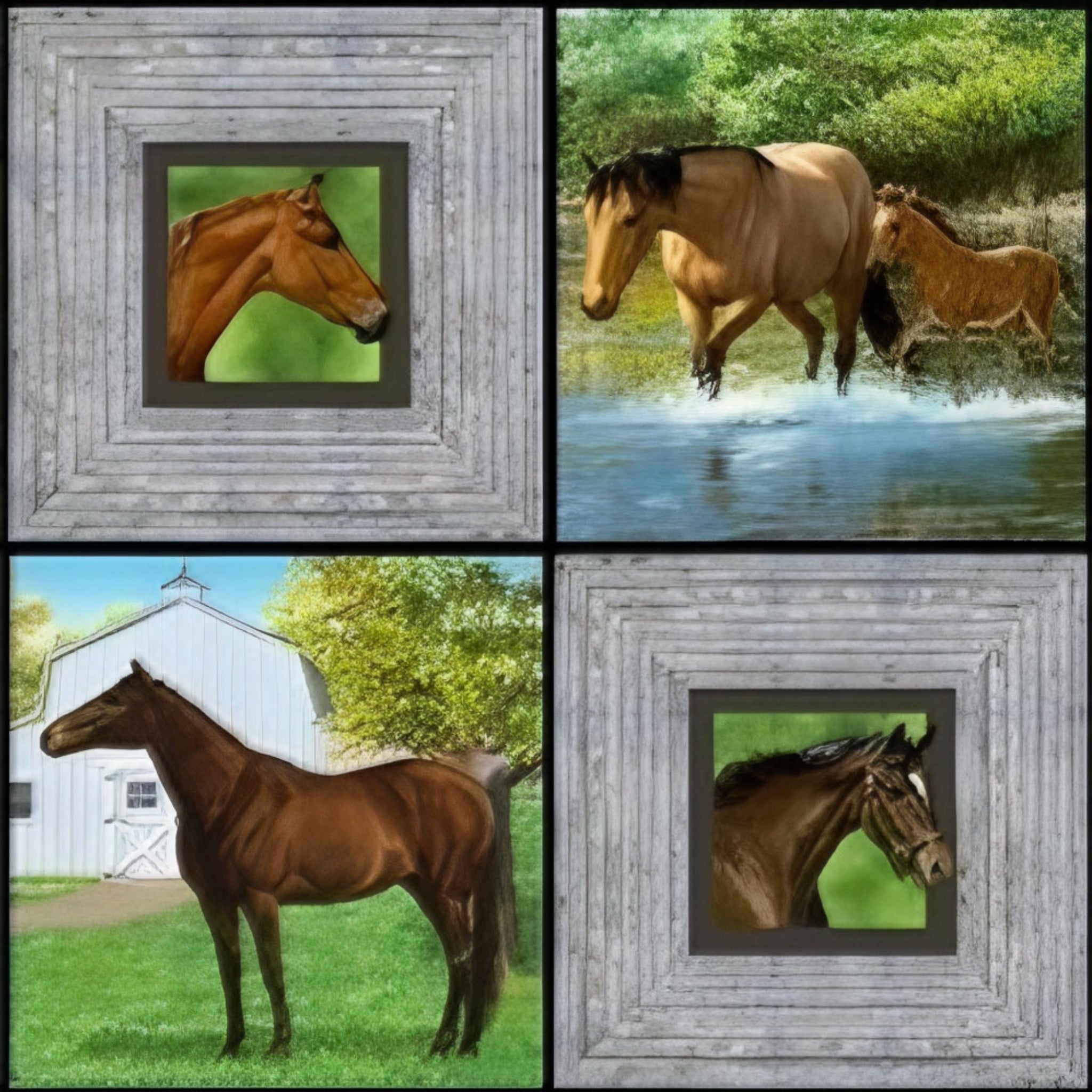 Realistic chestnut buckskin horses foals grey timber block frames farm pond barn green quilting fabric horse lovers equestrians quilts cushions fussy cutting