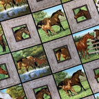 Realistic chestnut buckskin horses foals grey timber block frames farm pond barn green quilting fabric horse lovers equestrians quilts cushions fussy cutting