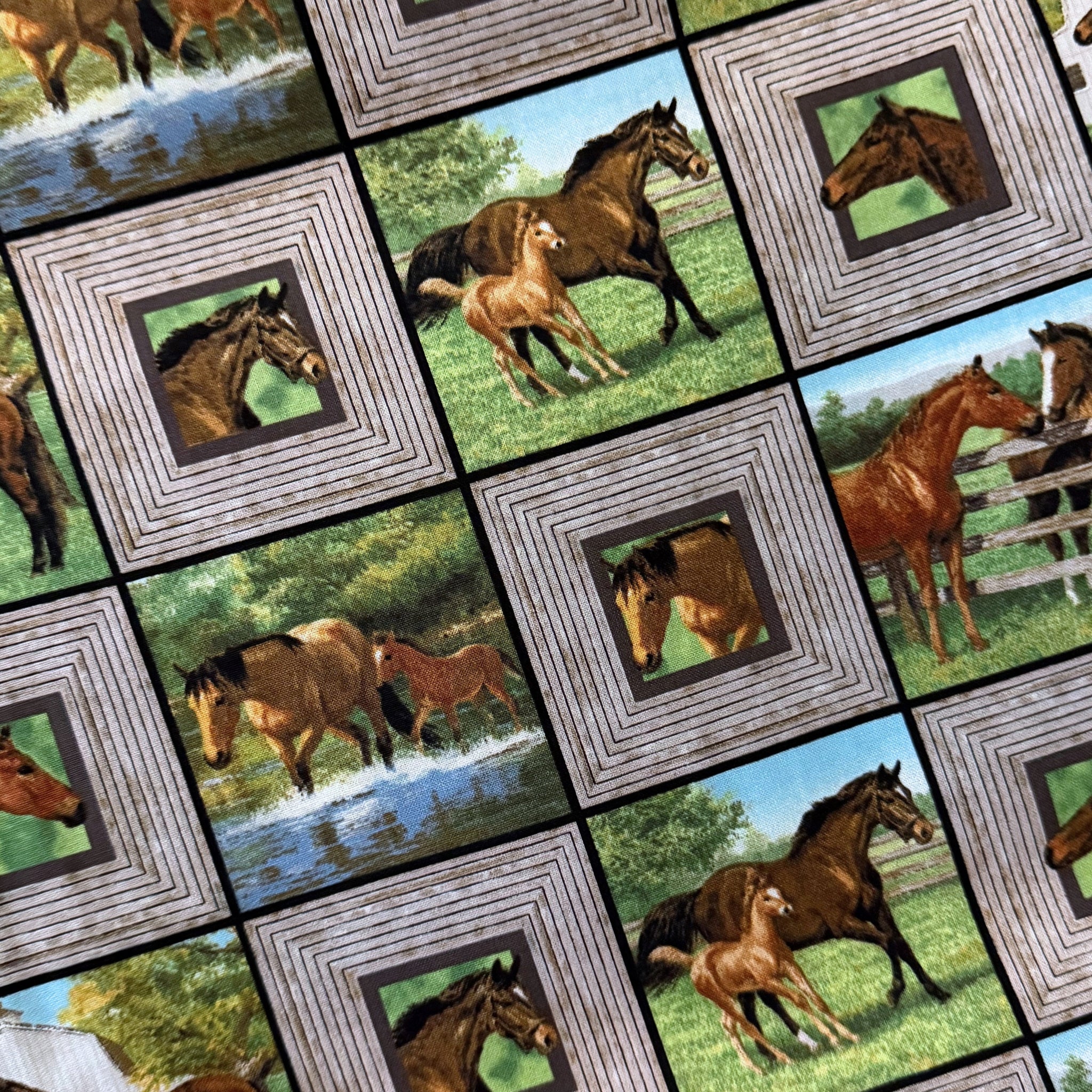 Realistic chestnut buckskin horses foals grey timber block frames farm pond barn green quilting fabric horse lovers equestrians quilts cushions fussy cutting
