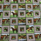 Realistic chestnut buckskin horses foals grey timber block frames farm pond barn green quilting fabric horse lovers equestrians quilts cushions fussy cutting