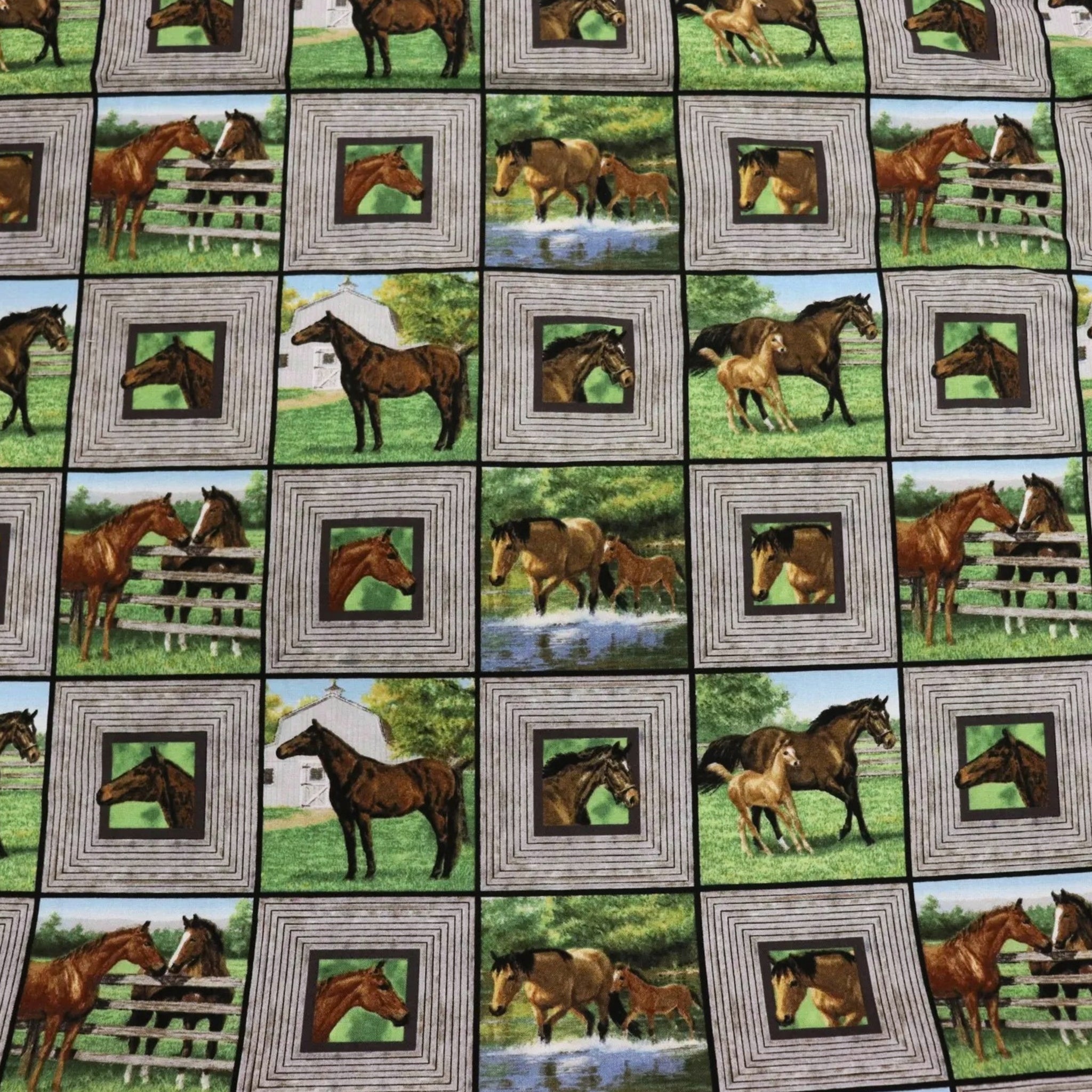 Realistic chestnut buckskin horses foals grey timber block frames farm pond barn green quilting fabric horse lovers equestrians quilts cushions fussy cutting