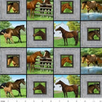 Realistic chestnut buckskin horses foals grey timber block frames farm pond barn green quilting fabric horse lovers equestrians quilts cushions fussy cutting