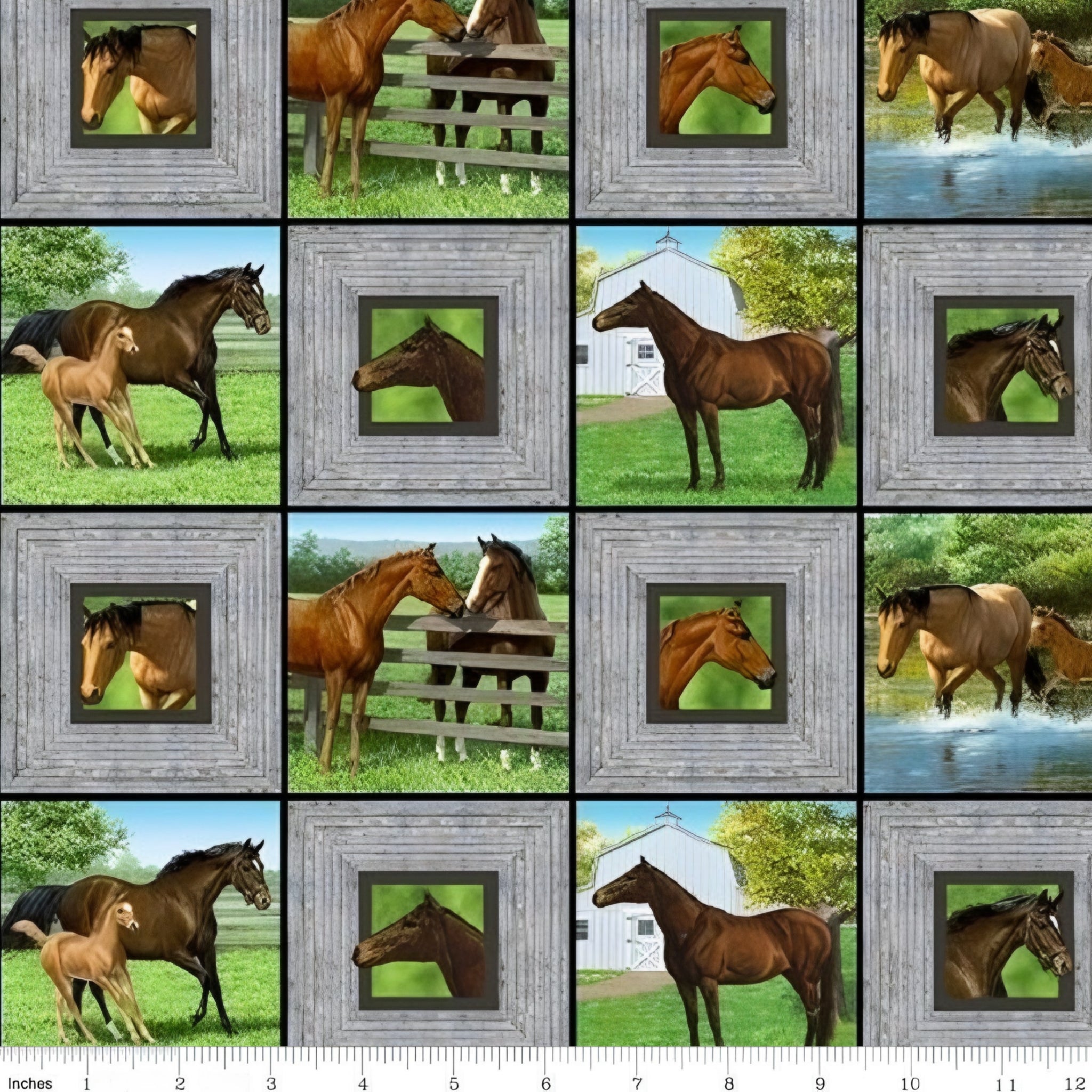 Realistic chestnut buckskin horses foals grey timber block frames farm pond barn green quilting fabric horse lovers equestrians quilts cushions fussy cutting