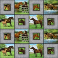 Realistic chestnut buckskin horses foals grey timber block frames farm pond barn green quilting fabric horse lovers equestrians quilts cushions fussy cutting