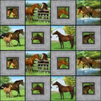 Realistic chestnut buckskin horses foals grey timber block frames farm pond barn green quilting fabric horse lovers equestrians quilts cushions fussy cutting