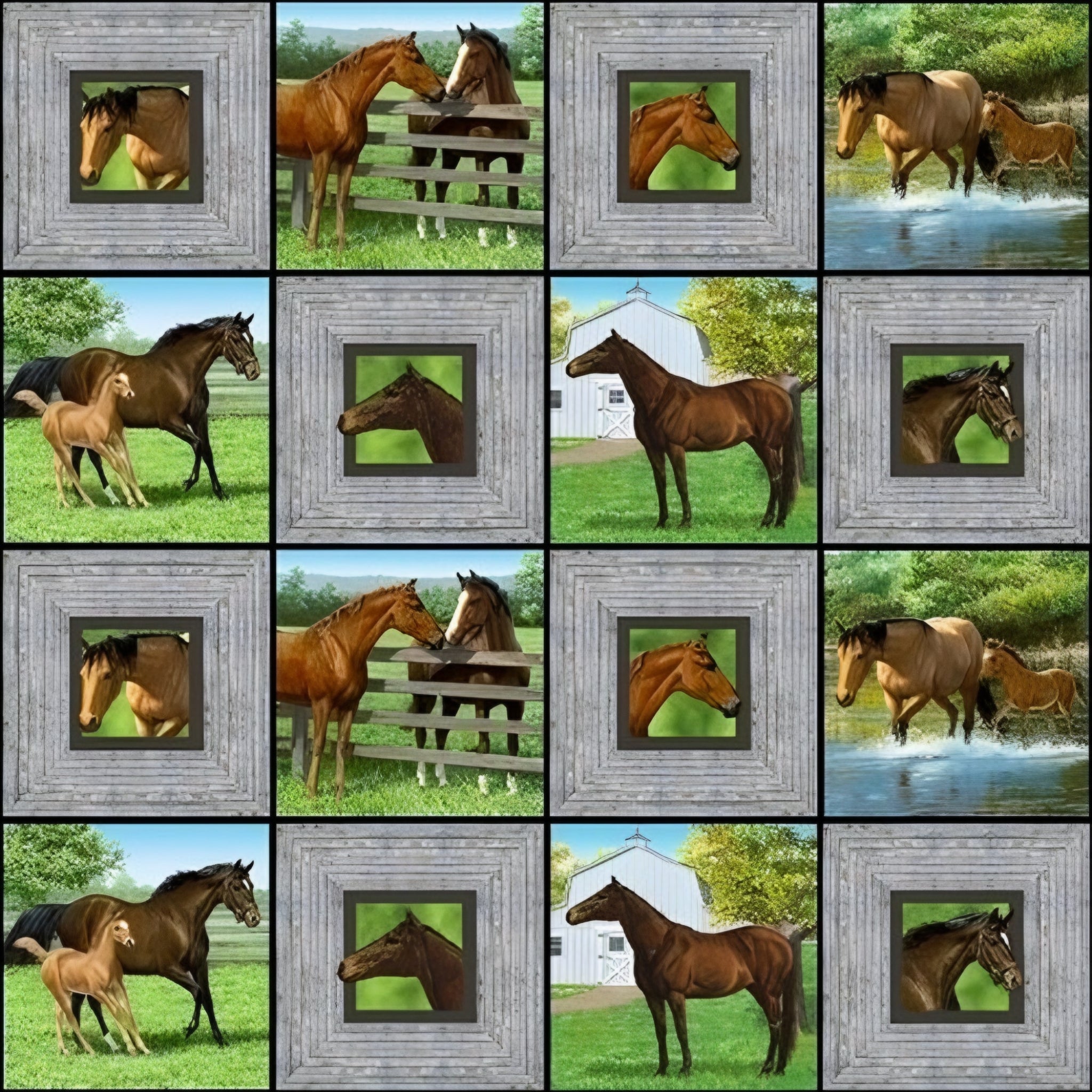 Realistic chestnut buckskin horses foals grey timber block frames farm pond barn green quilting fabric horse lovers equestrians quilts cushions fussy cutting
