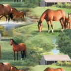 Realistic chestnut horses foals summer farm pond barn scenic green quilting fabric horse lovers equestrians quilts cushions tote bags placemats