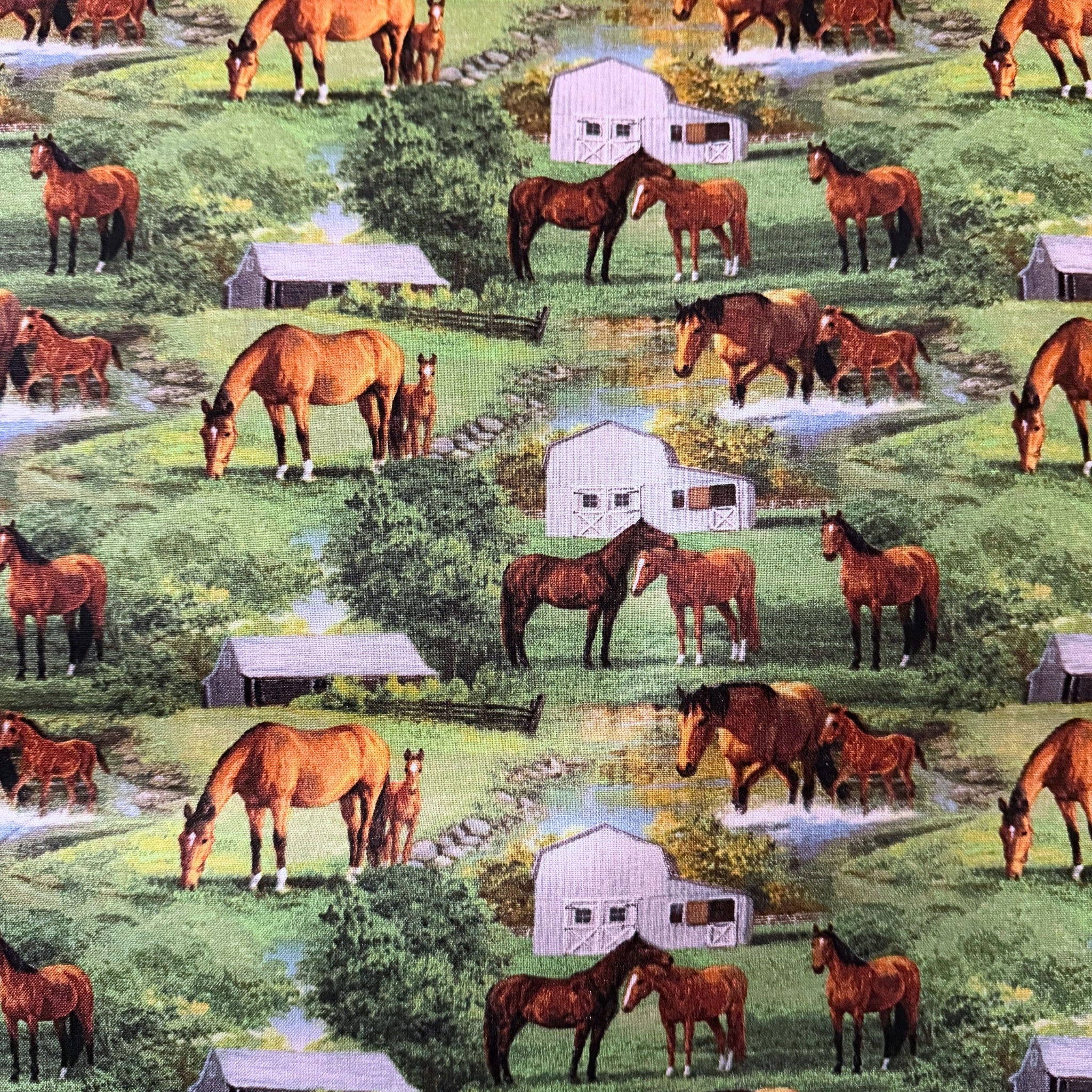Realistic chestnut horses foals summer farm pond barn scenic green quilting fabric horse lovers equestrians quilts cushions tote bags placemats