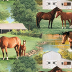 Realistic chestnut horses foals summer farm pond barn scenic green quilting fabric horse lovers equestrians quilts cushions tote bags placemats