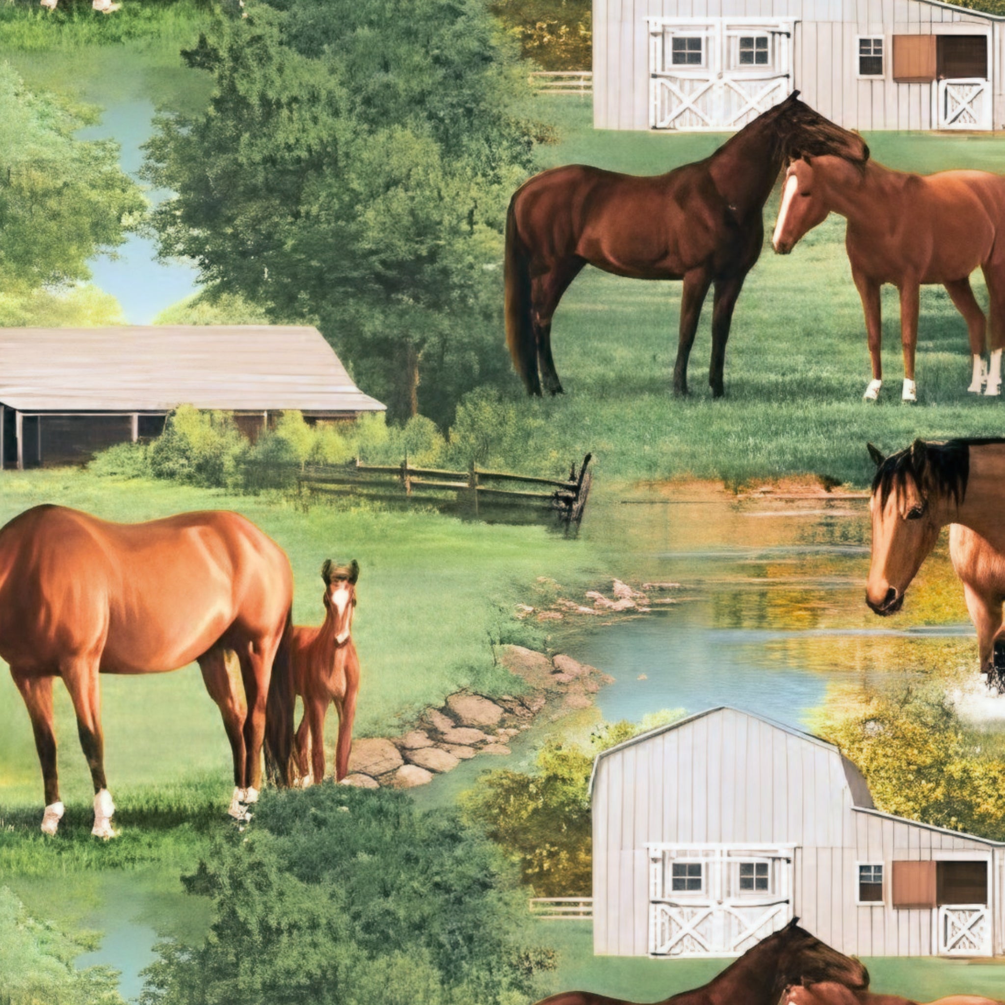Realistic chestnut horses foals summer farm pond barn scenic green quilting fabric horse lovers equestrians quilts cushions tote bags placemats