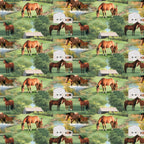 Realistic chestnut horses foals summer farm pond barn scenic green quilting fabric horse lovers equestrians quilts cushions tote bags placemats