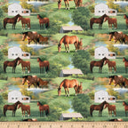 Realistic chestnut horses foals summer farm pond barn scenic green quilting fabric horse lovers equestrians quilts cushions tote bags placemats