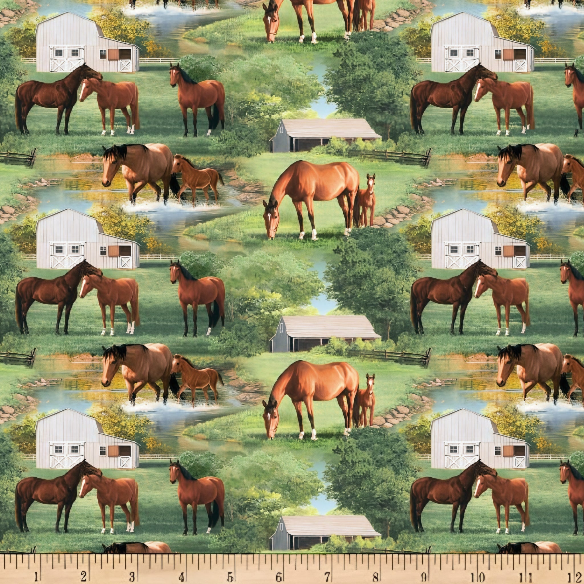 Realistic chestnut horses foals summer farm pond barn scenic green quilting fabric horse lovers equestrians quilts cushions tote bags placemats