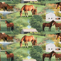 Realistic chestnut horses foals summer farm pond barn scenic green quilting fabric horse lovers equestrians quilts cushions tote bags placemats