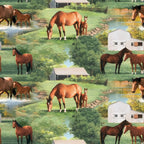 Realistic chestnut horses foals summer farm pond barn scenic green quilting fabric horse lovers equestrians quilts cushions tote bags placemats