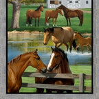 Realistic chestnut buckskin horses summer farm barn pond fence fabric panel grey timber border horse lover quilts wall hangings gifts