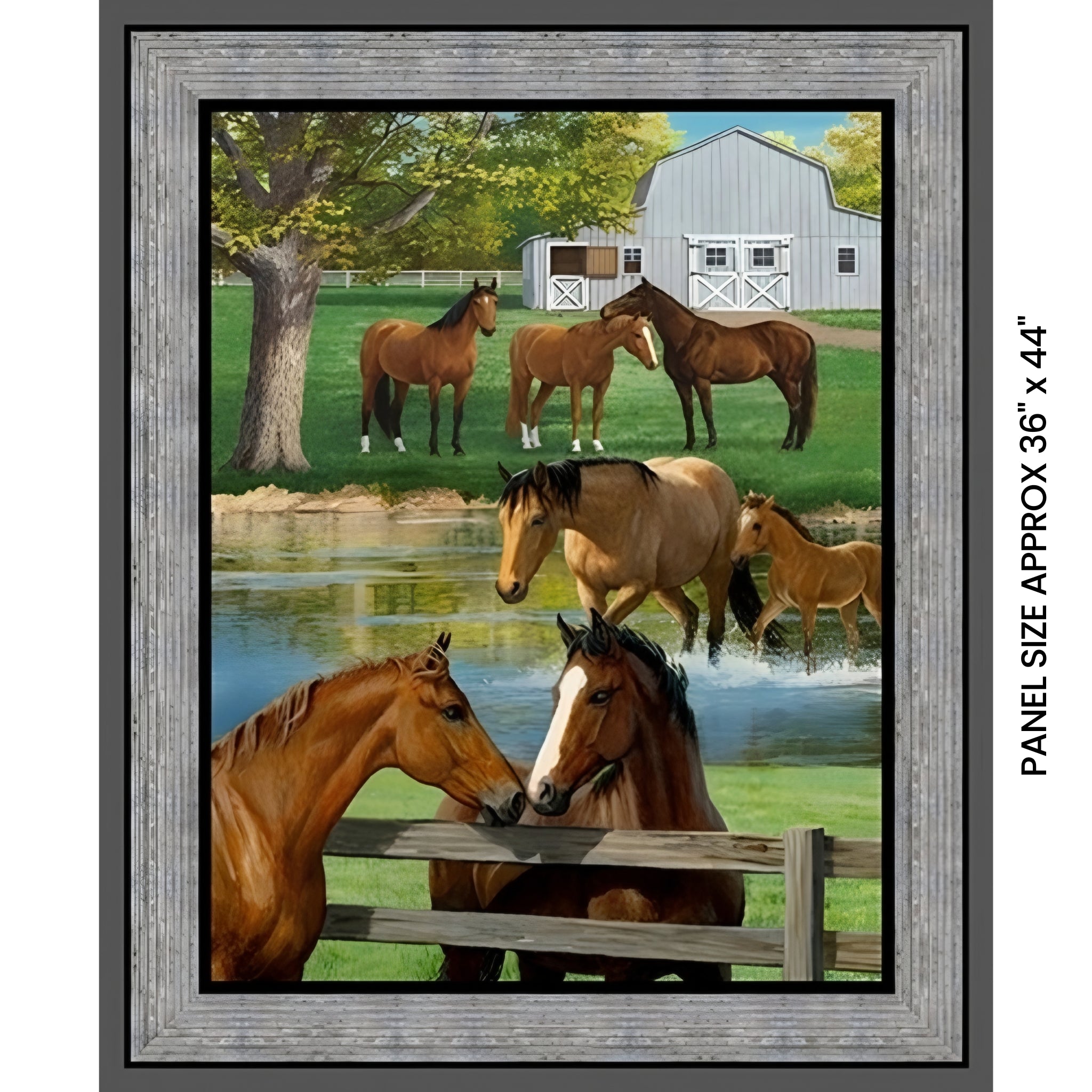 Realistic chestnut buckskin horses summer farm barn pond fence fabric panel grey timber border horse lover quilts wall hangings gifts
