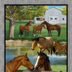 Realistic chestnut buckskin horses summer farm barn pond fence fabric panel grey timber border horse lover quilts wall hangings gifts