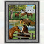 Realistic chestnut buckskin horses summer farm barn pond fence fabric panel grey timber border horse lover quilts wall hangings gifts