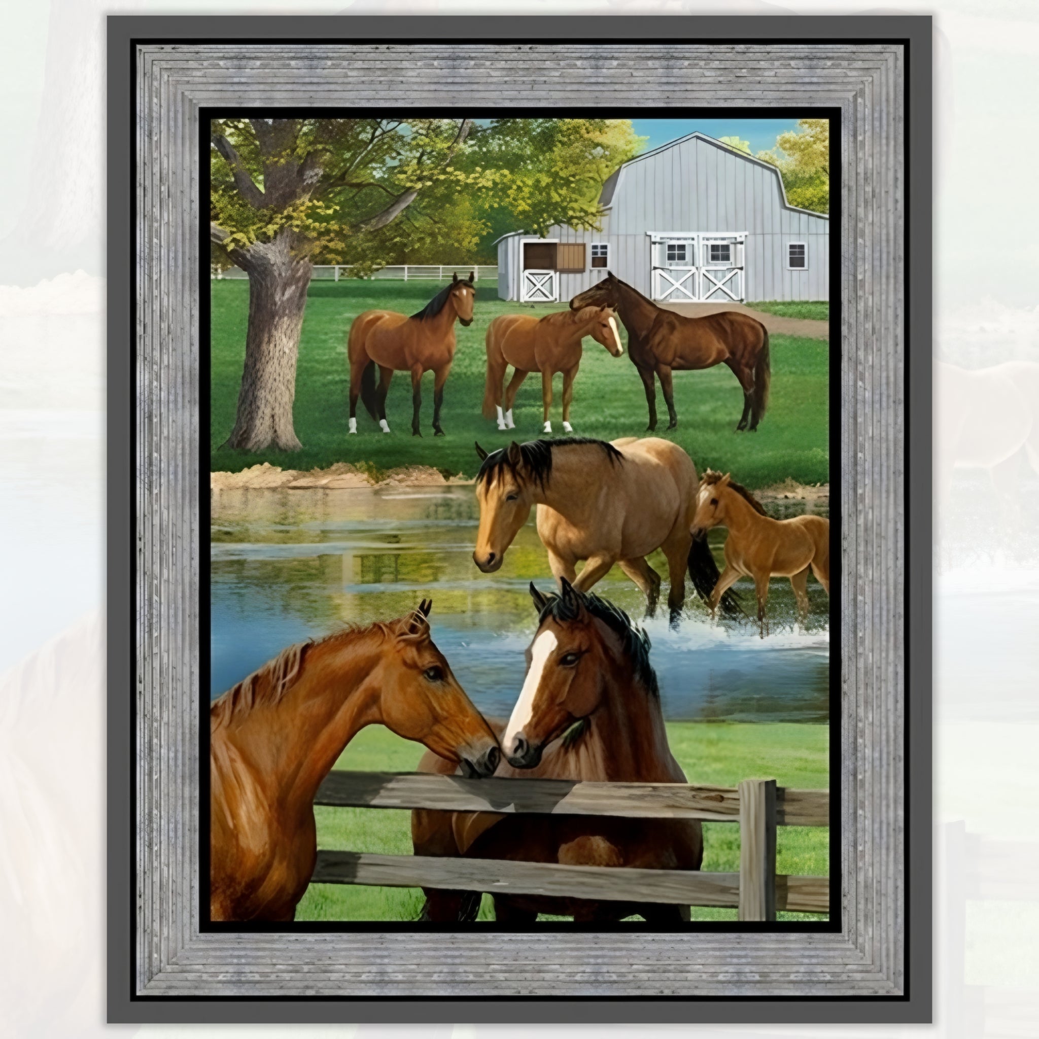 Realistic chestnut buckskin horses summer farm barn pond fence fabric panel grey timber border horse lover quilts wall hangings gifts