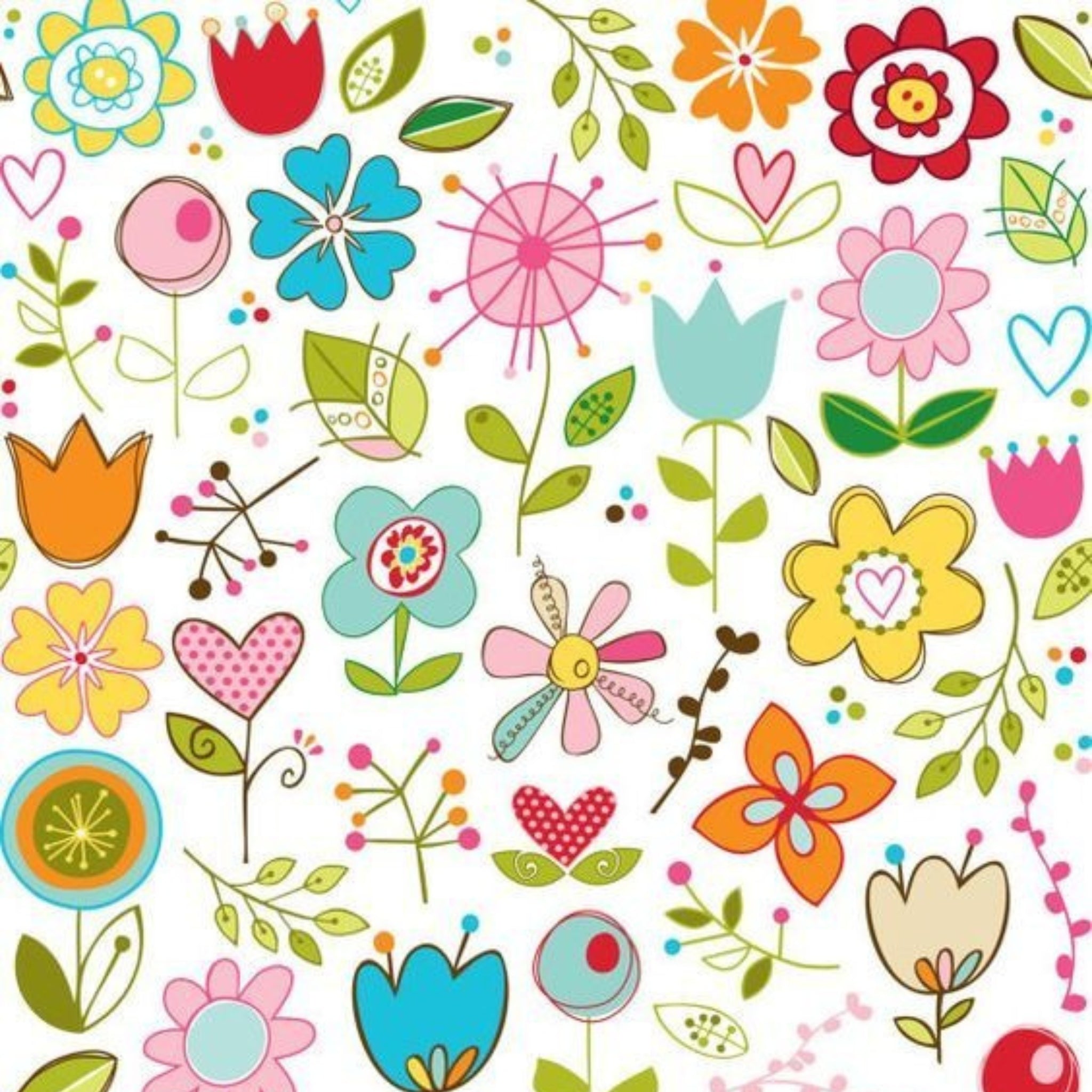 Retro whimsical flowers hearts leaves white multicolour fabric for children's nursery quilts patchwork sewing projects