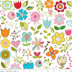 Retro whimsical flowers hearts leaves white multicolour fabric for children's nursery quilts patchwork sewing projects