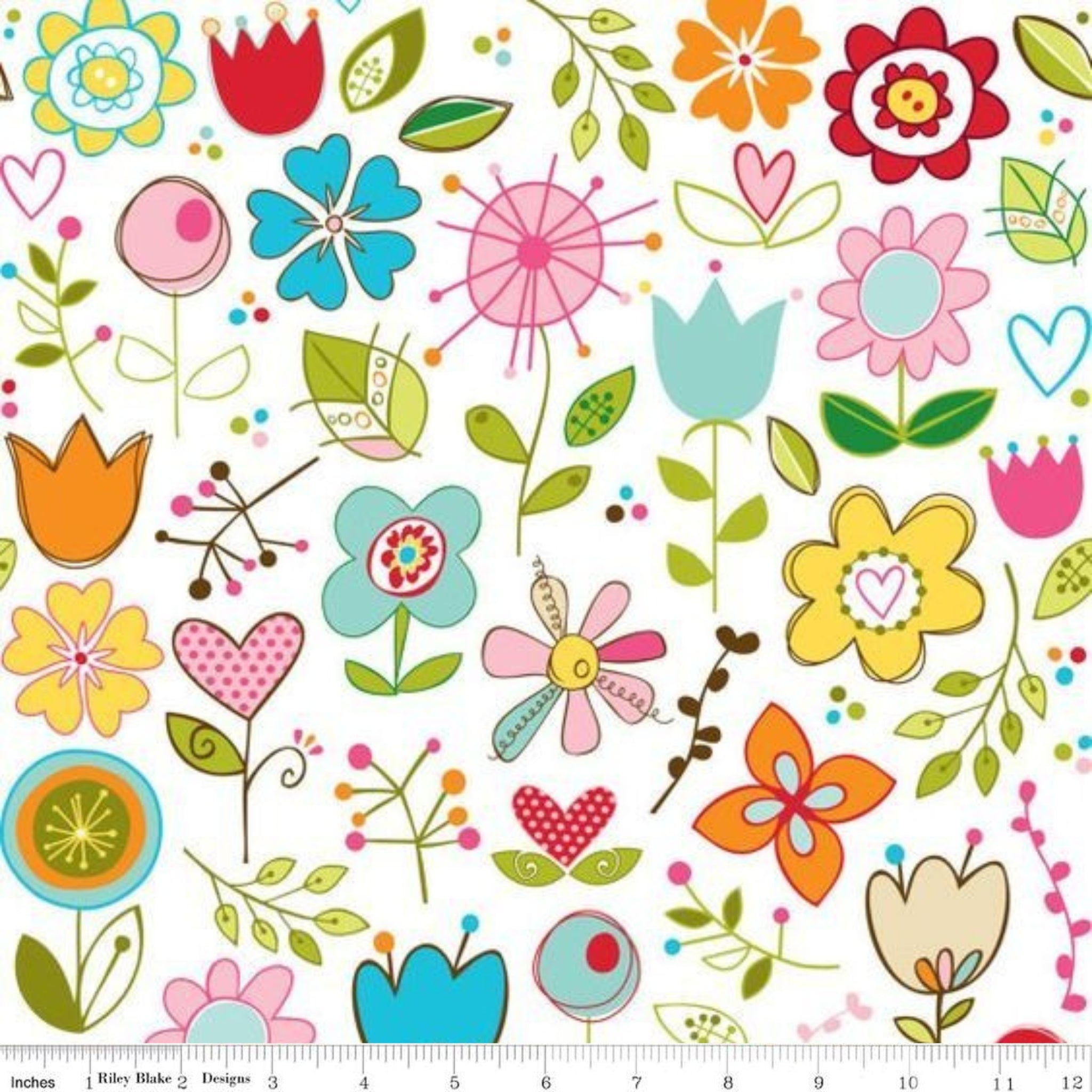 Retro whimsical flowers hearts leaves white multicolour fabric for children's nursery quilts patchwork sewing projects