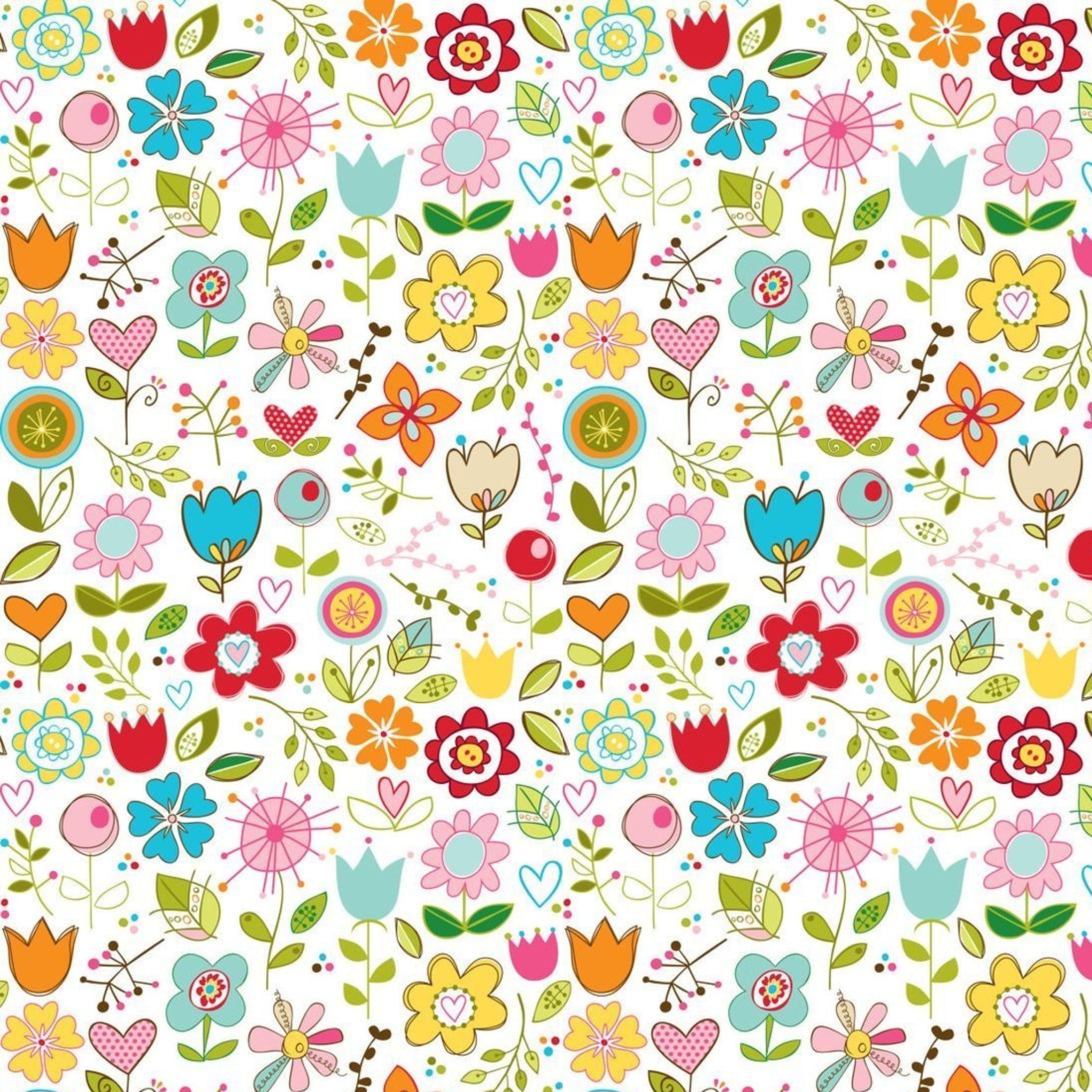 Retro whimsical flowers hearts leaves white multicolour fabric for children's nursery quilts patchwork sewing projects