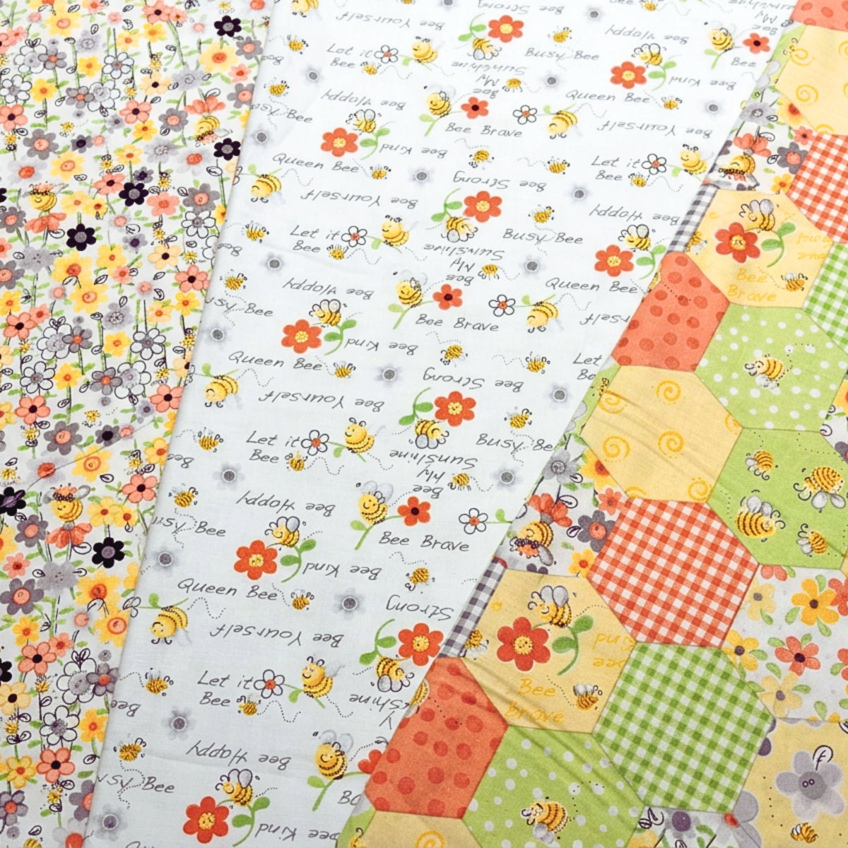Susybee Sweet Bees bee flower sayings and hexagon fabric prints in yellow and green for baby quilts and novelty patchwork sewing projects