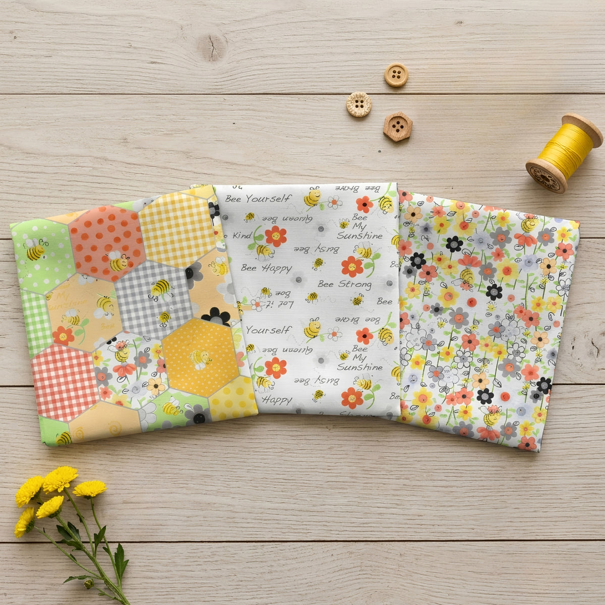 Susybee Sweet Bees fabrics with bees flowers gingham hexagons and bee sayings in yellow and green for quilting and patchwork sewing projects