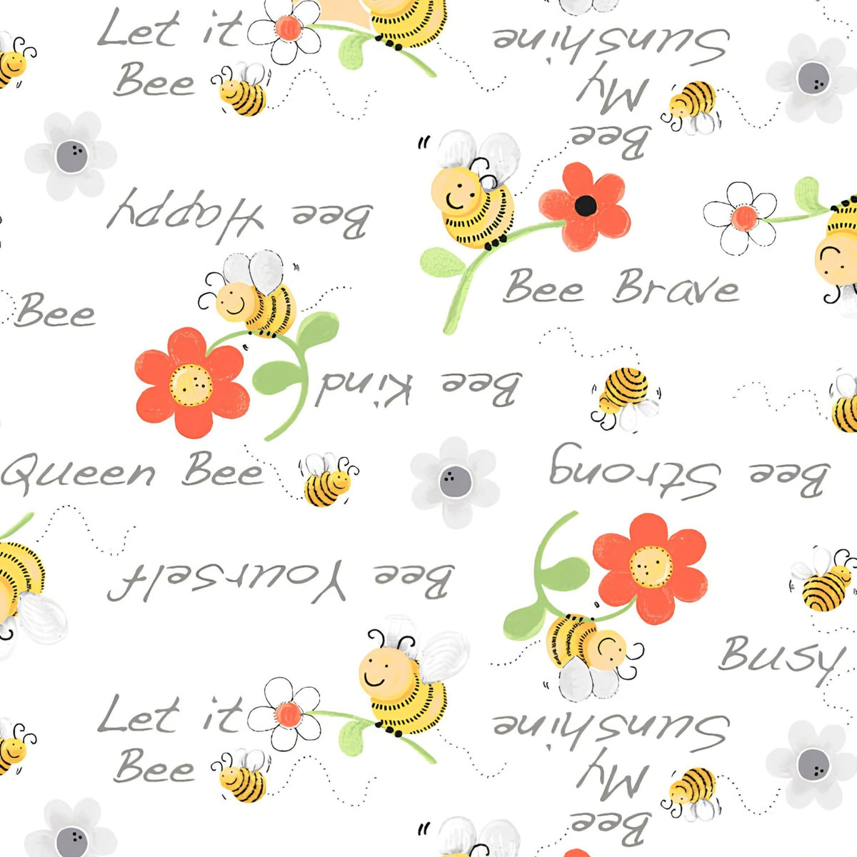 Yellow bees flowers and bee sayings on white fabric for fussy-cut quilt blocks bookmarks and applique pockets