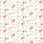 Yellow bees flowers and bee sayings on white fabric for fussy-cut quilt blocks bookmarks and applique pockets