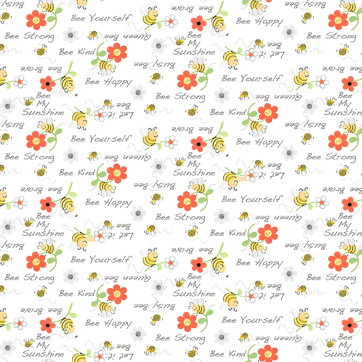 Yellow bees flowers and bee sayings on white fabric for fussy-cut quilt blocks bookmarks and applique pockets