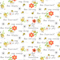 Yellow bees with flowers and Bee Kind words on white fabric for baby quilts nursery decor and children's patchwork sewing projects