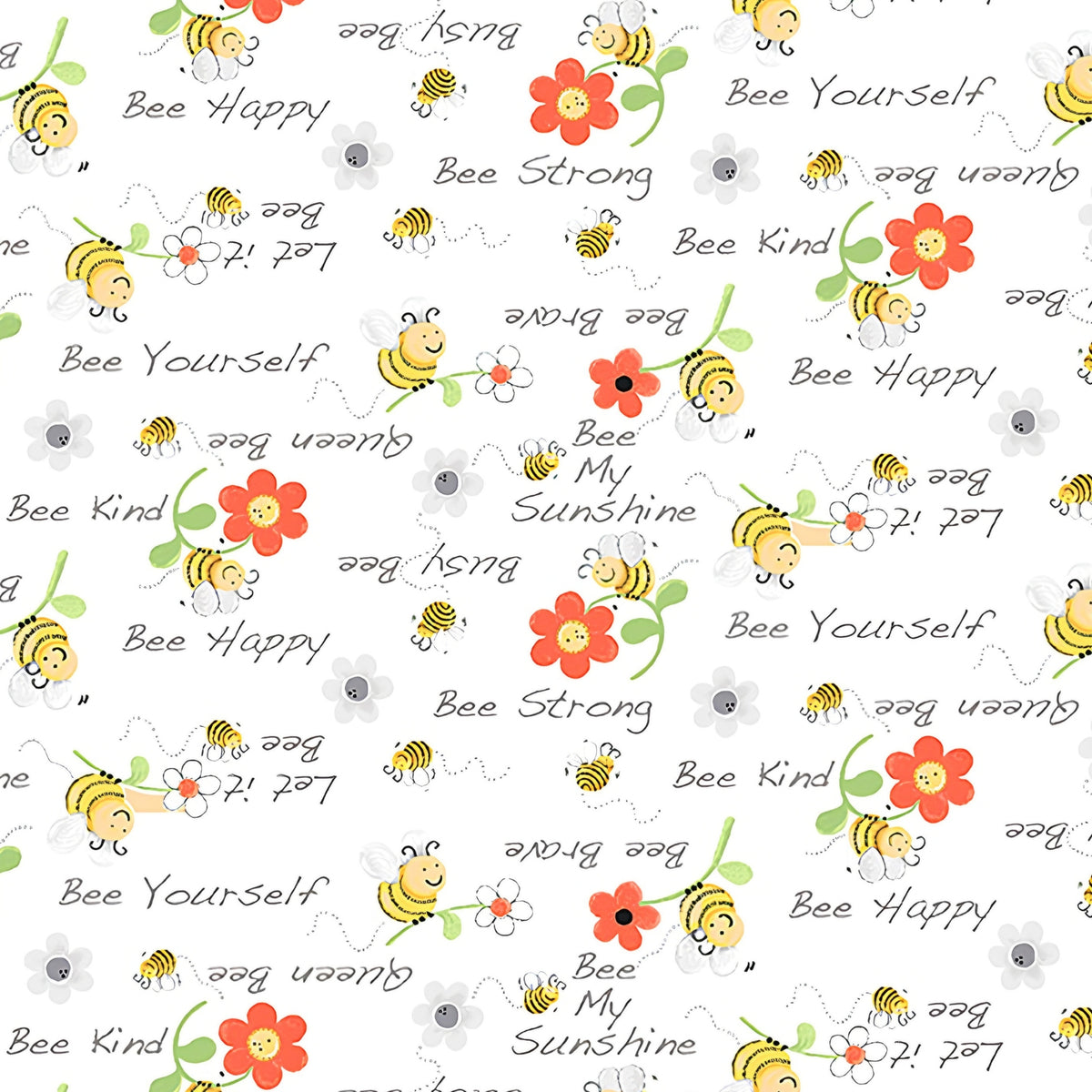 Yellow bees with flowers and Bee Kind words on white fabric for baby quilts nursery decor and children's patchwork sewing projects