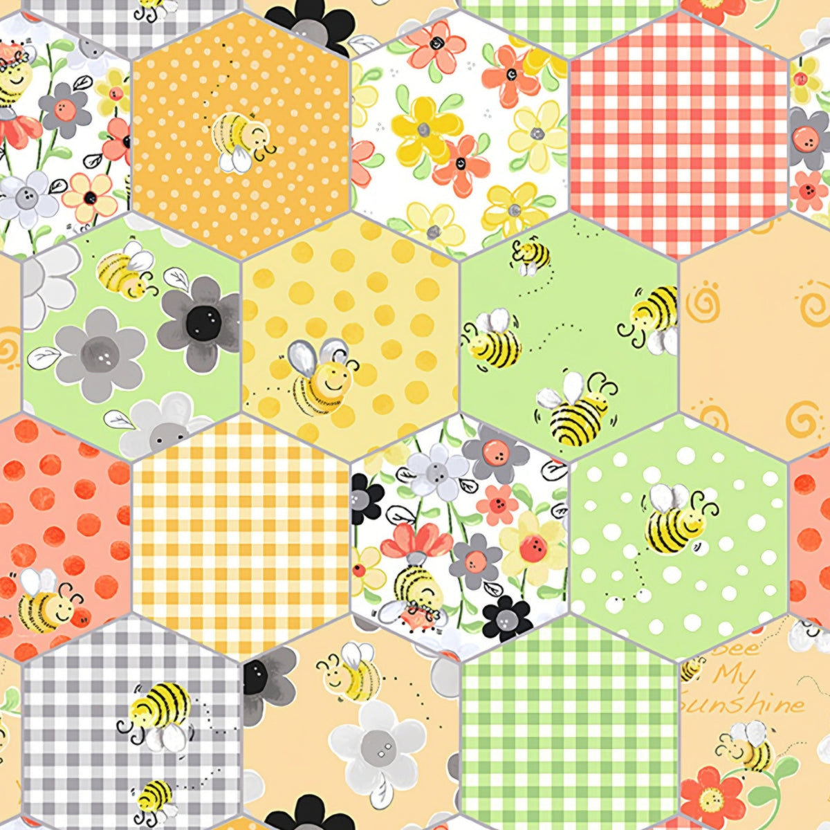 Bees flowers gingham checks and spots in yellow and green honeycomb hexagons fabric for baby quilts cushion covers and patchwork sewing projects