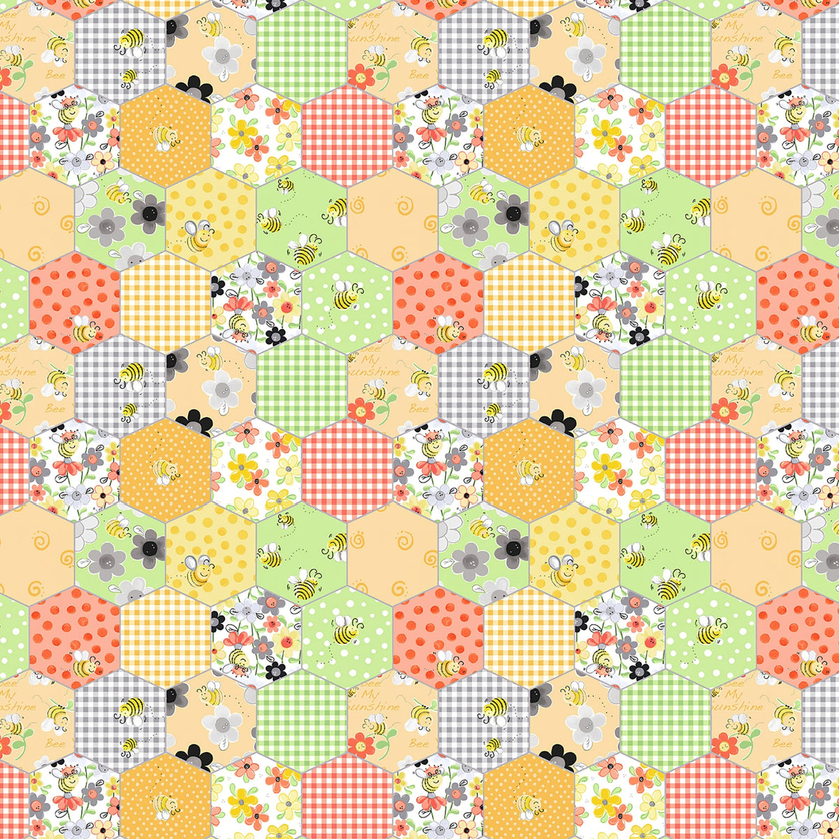 Bees flowers gingham checks and spots in yellow and green honeycomb hexagons fabric for baby quilts cushion covers and patchwork sewing projects