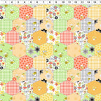 Bees flowers gingham checks and spots in yellow and green honeycomb hexagons fabric for baby quilts cushion covers and patchwork sewing projects