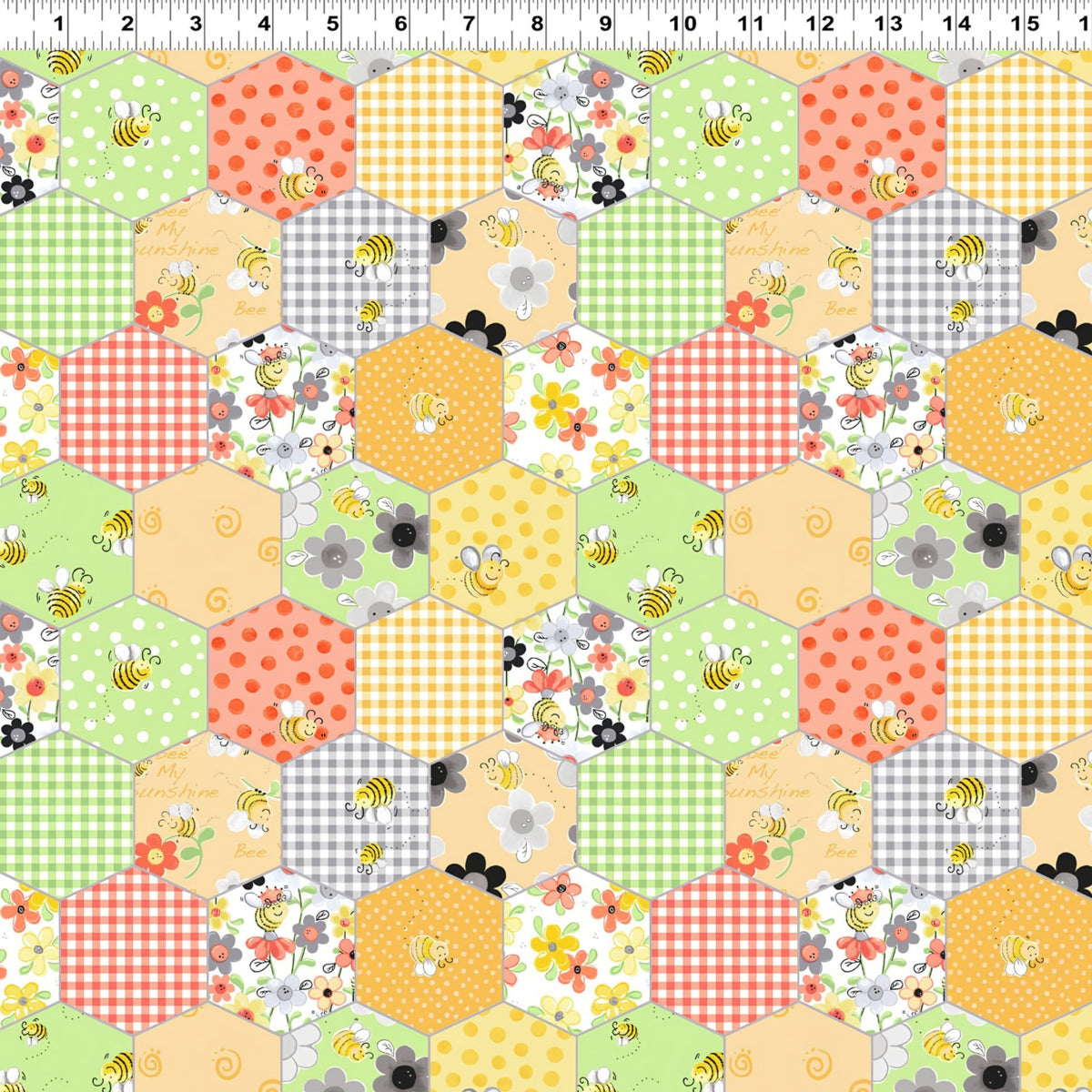 Bees flowers gingham checks and spots in yellow and green honeycomb hexagons fabric for baby quilts cushion covers and patchwork sewing projects