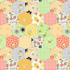 Bees flowers gingham checks and spots in yellow and green honeycomb hexagons fabric for baby quilts cushion covers and patchwork sewing projects