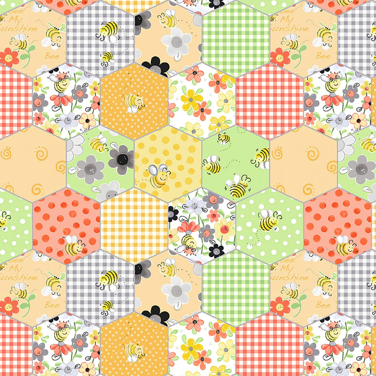 Bees flowers gingham checks and spots in yellow and green honeycomb hexagons fabric for baby quilts cushion covers and patchwork sewing projects